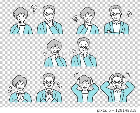 Simple image of the upper body of a worried senior man and woman. Negative emotion expression illustration material set. Confusion, anxiety, stress chart. Simple image of the upper body of a worried senior man and woman. Negative emotion expression illustration material set. Confusion, anxiety, stress chart. 129148819