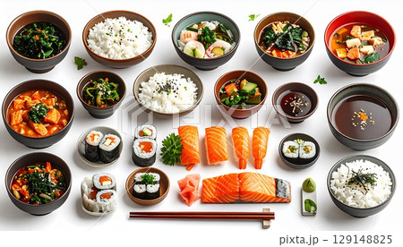 set of japanese sushi on a wooden table 129148825