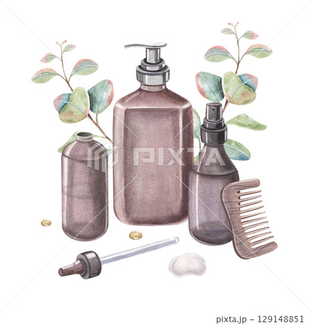 Oil vial, pipette, spray, dispenser bottle, comb, oil drops. Hand-painted watercolor illustration of hair care products isolated on white for salon treatments, hair wellness, natural beauty branding 129148851