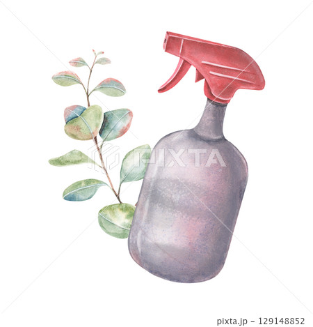 Spray bottle with liquid, eucalyptus branch. Hand-painted watercolor illustration of spray vial, plant twig isolated on white background. Ideal for plant care, eco products, botanical decor, designs 129148852