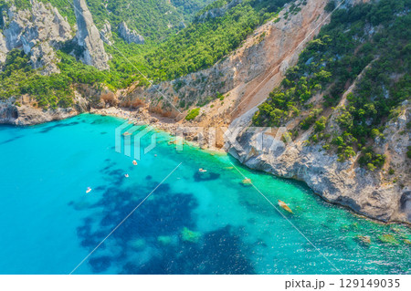 Sardinia, Italy. Drone view of the sea coast. Rocky shore and sea water. Vacation and travel. 129149035
