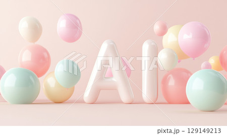 Pastel balloons surrounding AI letters on light background, suitable for technology concept 129149213