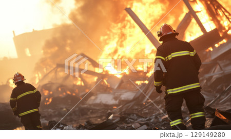 Firefighters respond to massive industrial fire with intense flames 129149280