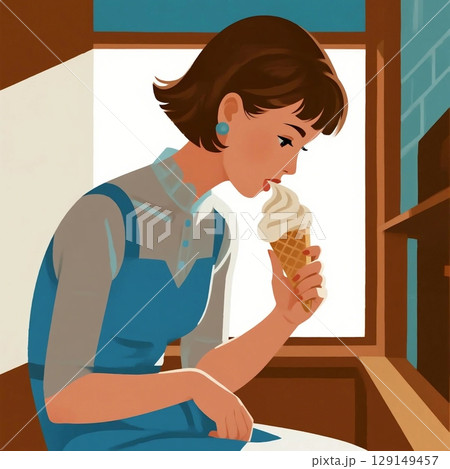 ソフトクリームをたべている清楚な女性のライススタイル 129149457