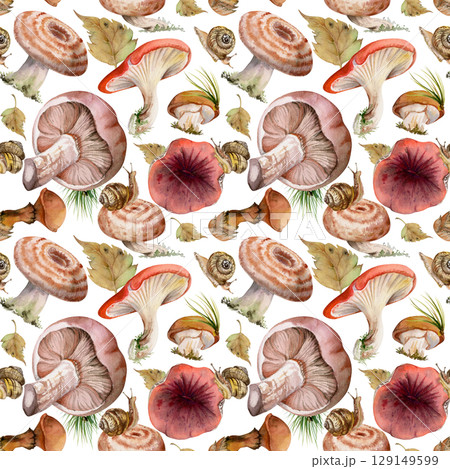 Bolete cep russula suillus mushroom fungi with snails autumn leaves pine needles, forest harvest. Seamless pattern hand drawn in watercolor. Linens tablecloth gift wrapping paper canvas, backgrounds 129149599