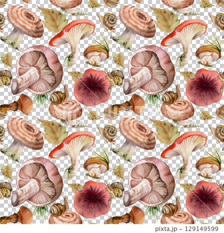 Bolete cep russula suillus mushroom fungi with snails autumn leaves pine needles, forest harvest. Seamless pattern hand drawn in watercolor. Linens tablecloth gift wrapping paper canvas, backgrounds 129149599