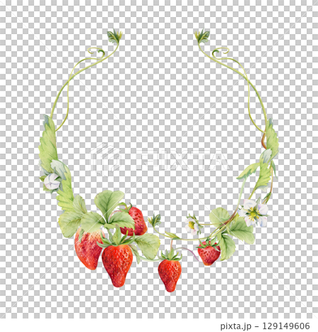 Strawberry on stems with vines tendrils flowers wreath, ripe garden berry pineberry strasberry. Isolated hand drawn watercolor vignette crown frame. Farmers market, eco gardening, food packaging cards Strawberry on stems with vines tendrils flowers wreath, ripe garden berry pineberry strasberry. Isolated hand drawn watercolor vignette crown frame. Farmers market, eco gardening, food packaging cards 129149606