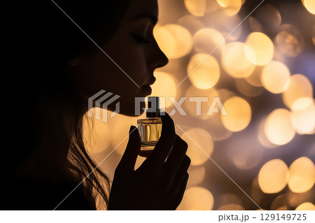 A womans silhouette applying perfume from a stylish bottle 129149725