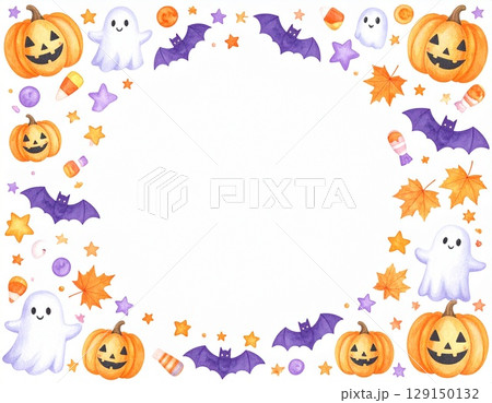ハロウィンコウモリとおばけカボチャのかわいいイラストフレーム背景素材 ハロウィンコウモリとおばけカボチャのかわいいイラストフレーム背景素材 129150132