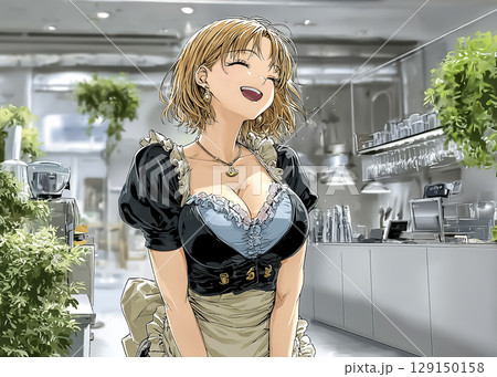 メイドカフェ 笑顔の美少女メイド・グラマーで魅力的なアニメ風イラスト素材 メイドカフェ 笑顔の美少女メイド・グラマーで魅力的なアニメ風イラスト素材 129150158