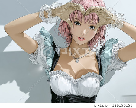 メイドカフェで指ハートポーズを決める笑顔の美少女メイド・グラマーで魅力的なアニメ風イラスト素材 129150159