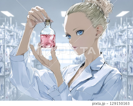 人工血液を研究する若い女性科学者のアニメ風イラスト（医療研究・最先端ラボ） 129150163