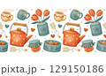 A colorful border pattern featuring teapots, cups, flowers, and cookies 129150186