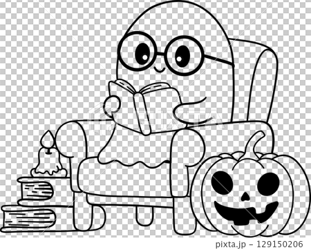 halloween cute ghost with glasses reading on a chair in outline cartoon style, perfect for cozy fall coloring pages 129150206