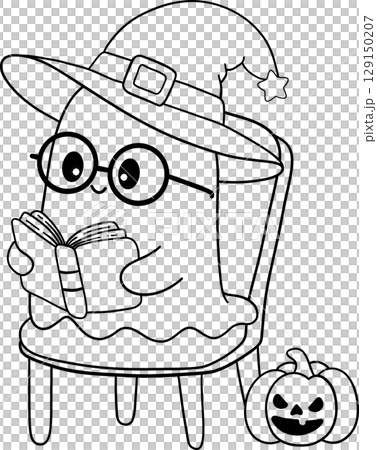 halloween cute ghost with glasses reading on a chair in outline cartoon style, perfect for cozy fall coloring pages 129150207