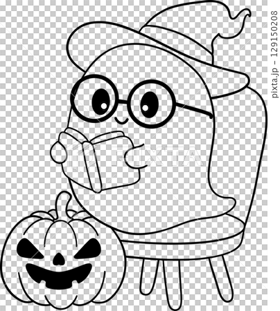halloween cute ghost with glasses reading on a chair in outline cartoon style, perfect for cozy fall coloring pages 129150208