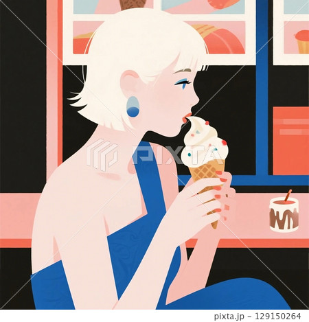 ソフトクリームを食べているショルダーワンピ姿のモデル女性 129150264