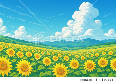 ひまわり畑　青空 129150334