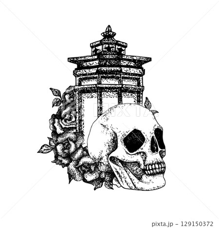 Vintage lantern, roses and human skull. Gothic illustration with flowers for Halloween, Day of the Dead. Black graphic line art with white plate. For textile, postcards, posters, stationery design Vintage lantern, roses and human skull. Gothic illustration with flowers for Halloween, Day of the Dead. Black graphic line art with white plate. For textile, postcards, posters, stationery design 129150372