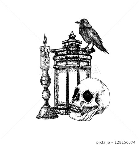 Gothic composition with skulls, black crow, vintage lantern, candelabrum, burning candle. Graphic illustration with white plate. Vector for postcard, poster, autumn design, textile. Esoteric concept 129150374