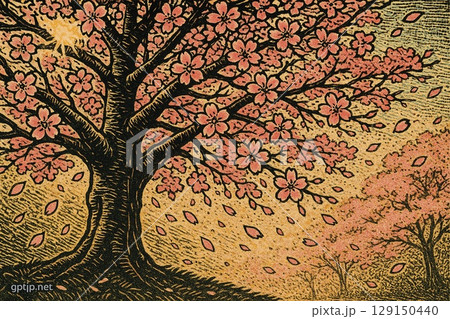 満開の桜　版画調 129150440