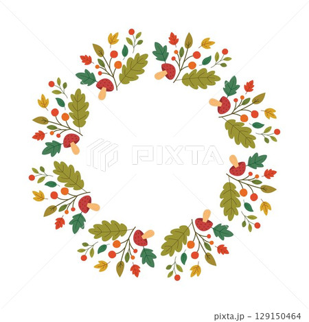 Autumn wreath with mushrooms berries and colorful leaves in flat cartoon style isolated on white background perfect for seasonal decoration and design Autumn wreath with mushrooms berries and colorful leaves in flat cartoon style isolated on white background perfect for seasonal decoration and design 129150464