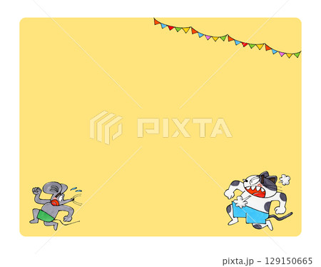 追いかける猫と逃げるネズミのキャラクター　コピースペース (四角) 129150665