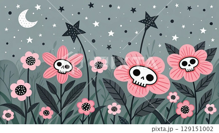 Seamless pattern with white skulls black background  129151002
