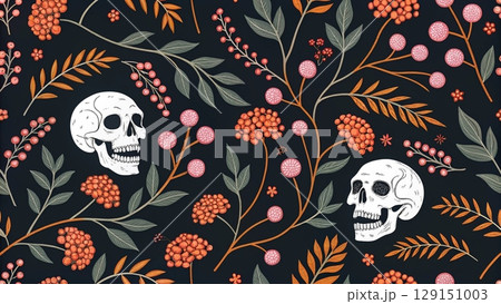 Seamless pattern with white skulls black background  129151003