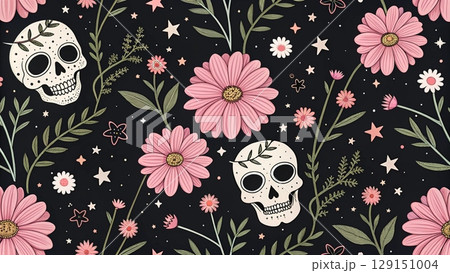 Seamless pattern with white skulls black background  129151004