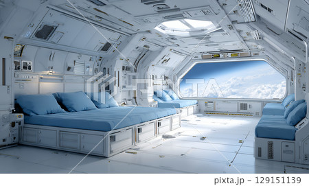 地球の周りを漂う宇宙船のインテリア 129151139