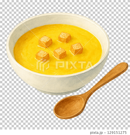 南瓜湯佐麵包丁的水彩插圖 南瓜湯佐麵包丁的水彩插圖 129151275