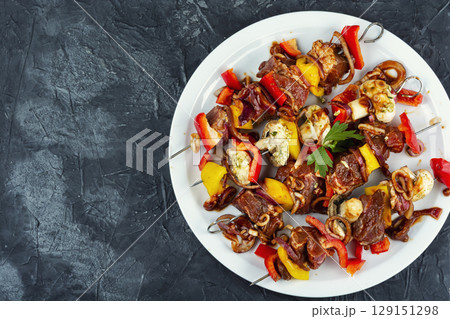 Raw Meat Shish Kebab, Marinated Meat. Raw Meat Shish Kebab, Marinated Meat. 129151298
