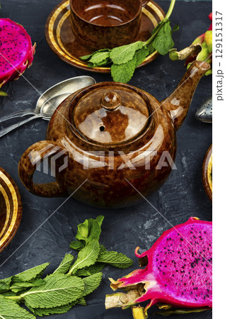 Tea with dragon fruit and mint. Tea with dragon fruit and mint. 129151317