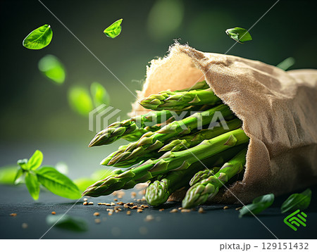 Close up shots of bunch of green asparagus. AI Generated. 129151432