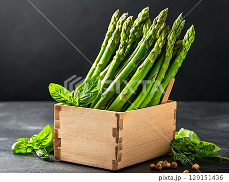 Flavoursome, sweet and tender asparagus, fresh and raw springtime vegetable. AI Generated. 129151436