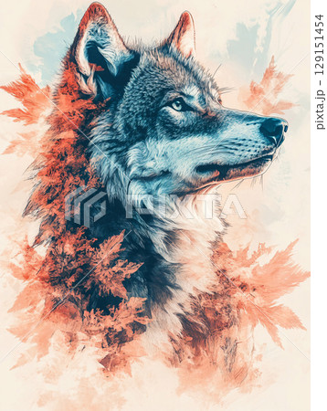 Watercolor portrait of a wolf head. The beauty of wild animals. AI Generated. 129151454