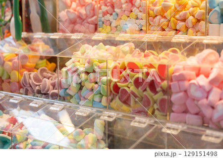 Selection of marshmallow, jelly, gummy and other sweets in the market Selection of marshmallow, jelly, gummy and other sweets in the market 129151498