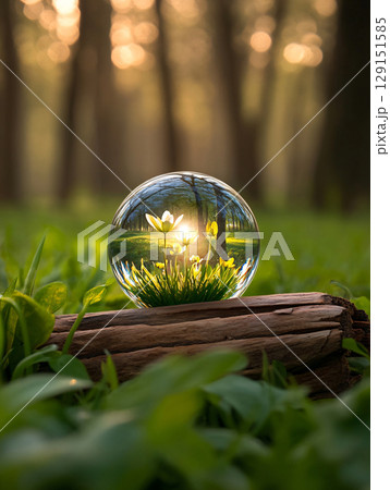 Crystal ball in nature landscape. AI Generated. 129151585
