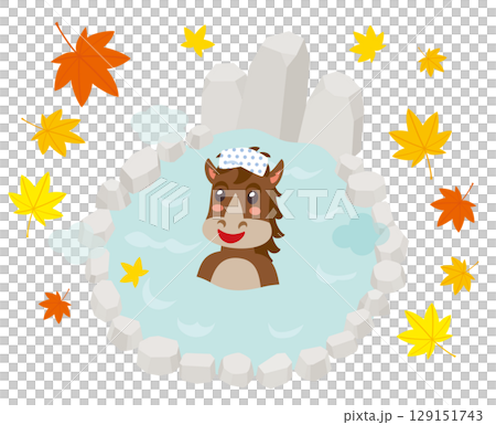 Horses soaking in an open-air bath in autumn 129151743
