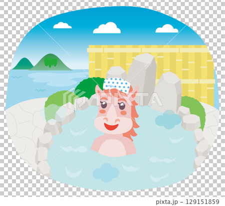 海の見える露天風呂に浸かる馬 129151859