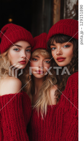 Beautiful women, cosmetology, beauty, festive makeup, Merry Christmas and Happy New Year, banner with copy space 129151890
