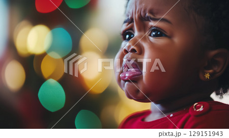 Crying Black baby against blurred Christmas tree, New Year, banner 129151943