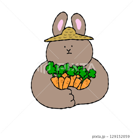 両手いっぱいに人参を抱える農家のウサギ（茶） 129152059