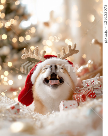 Adorable Shiba dog in festive decor with Christmas lights and gifts spreading holiday joy 129152078