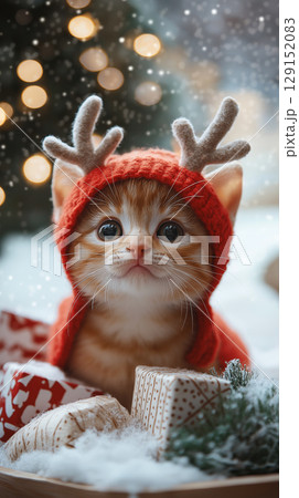 Adorable Cat Kitten in Christmas Reindeer Outfit with Snow and Festive Gifts 129152083