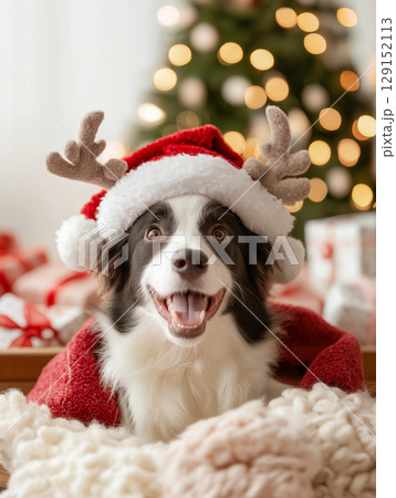 Border Collie dog with Christmas decorations and lights, smiling and happy indoors during holiday 129152113