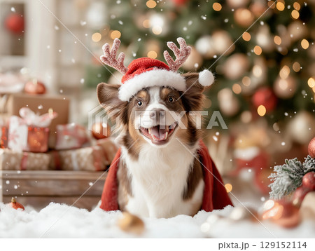 Festive dog wearing reindeer antlers amidst Christmas tree and presents, spreading holiday joy. 129152114