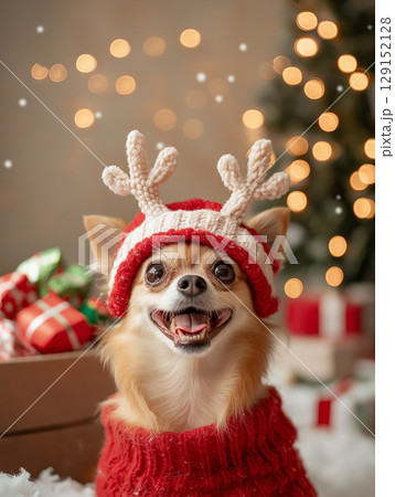Chihuahua in festive Christmas attire with cute dog smiling amid holiday decorations Chihuahua in festive Christmas attire with cute dog smiling amid holiday decorations 129152128