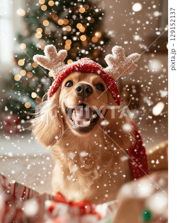 Cocker Spaniel Holiday Reindeer Smiling Dog Christmas Joyful Winter Celebration Cute Snow 129152137